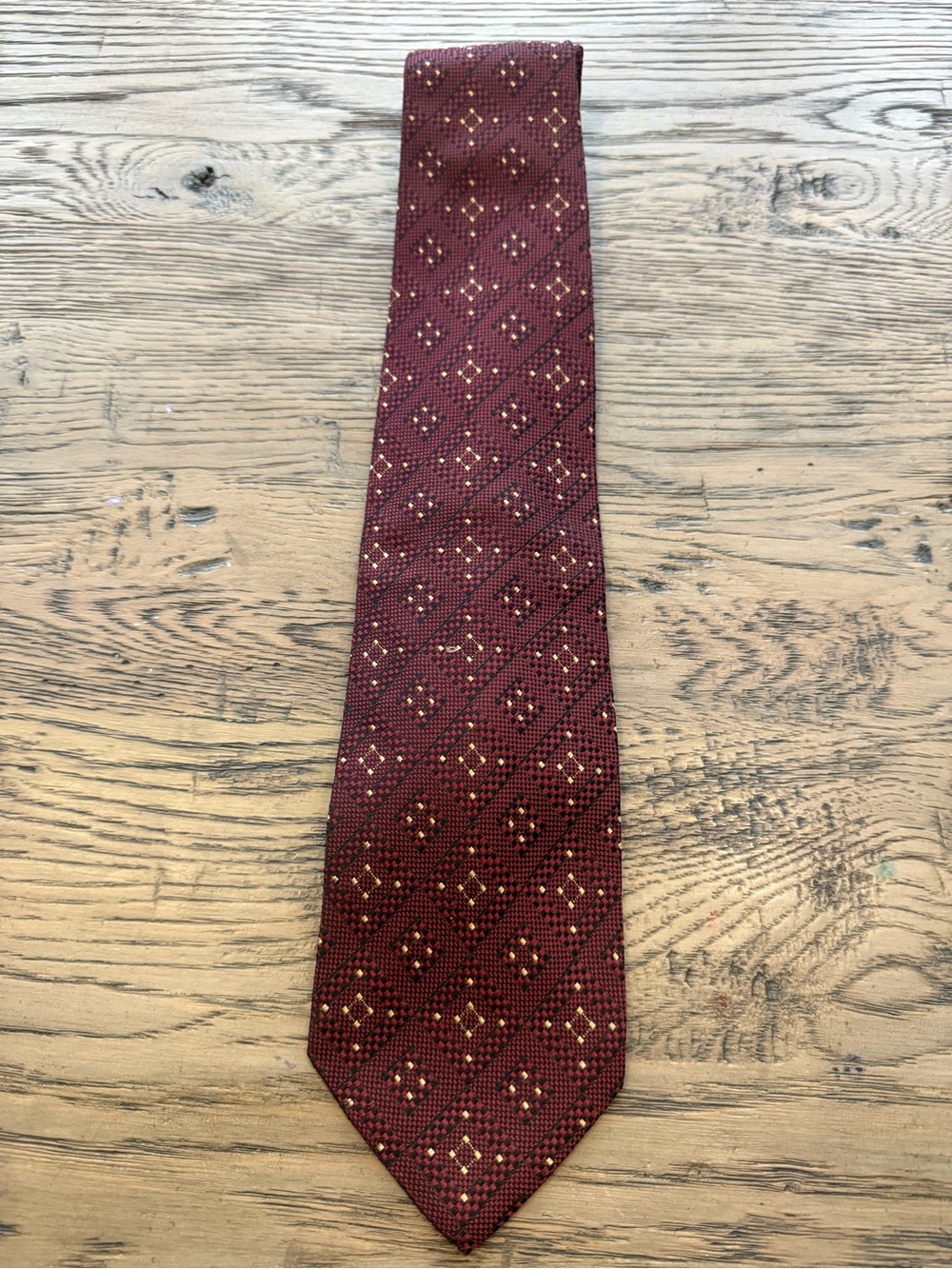 Valentino Maroon Silk Tie with Gold Diamond Motif